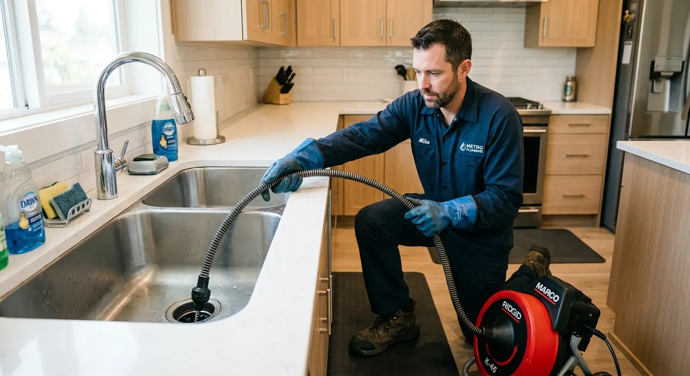 Drain cleaning technician using a motorized snake on a kitchen sink in Fredericksburg