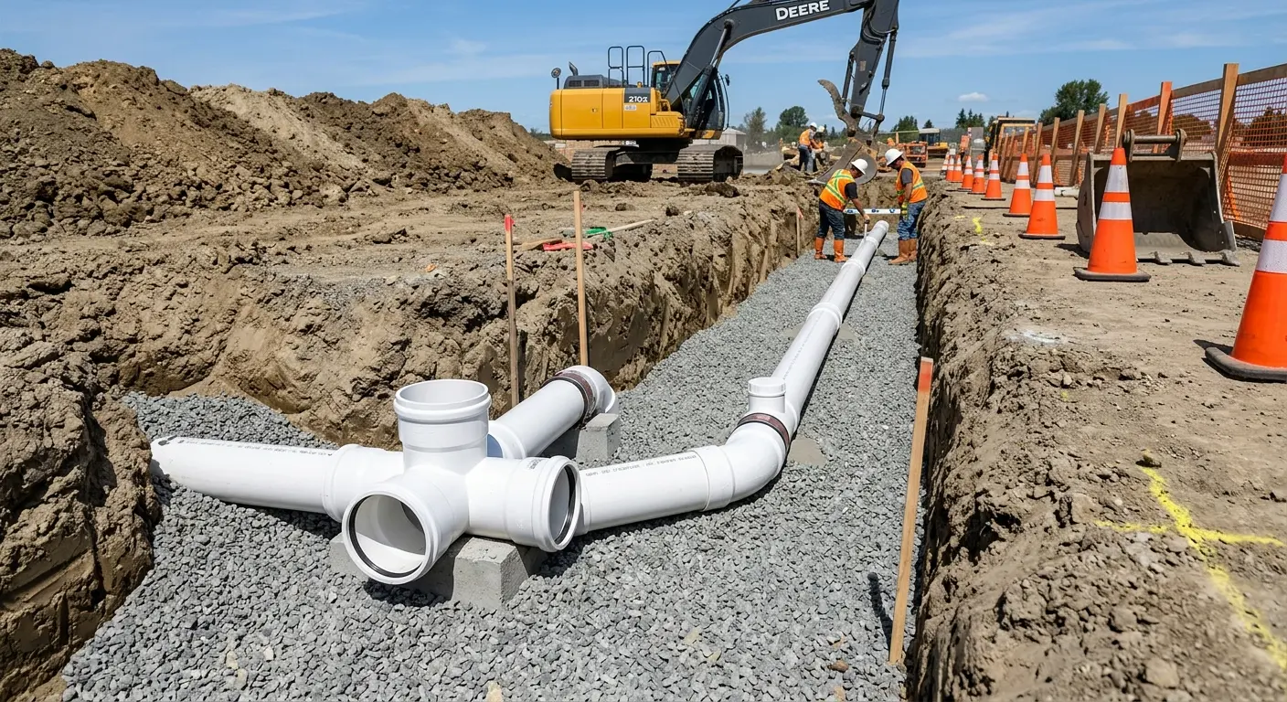New PVC sewer pipe installation in open trench for Commercial Drain Cleaning in Fredericksburg